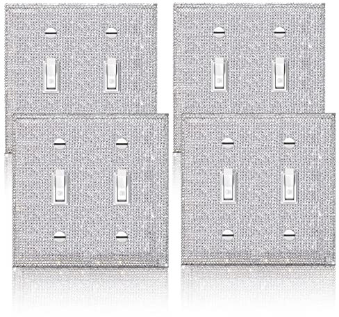 4 Pcs Silver Shiny Silver Rhinestones Wall Plate Toggle Light Switch Socket Covers Decorative Durable Double Toggle Outlet Socket Cover