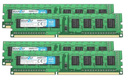 BRAINZAP 16GB (4X 4GB) DDR3 RAM DIMM PC3-10600U-09-10-A0 1Rx8 1333 MHz 1.5V CL9 Computer PC Arbeitsspeicher