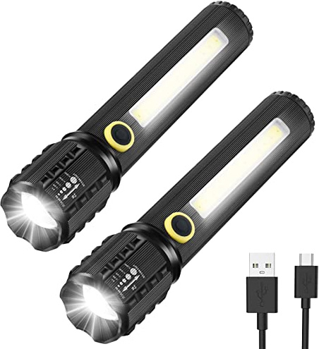 LED Torch Rechargeable, GeeRic 2PCS Professional Flashlight USB Super Bright Zoomable Mini Torch IP67 Waterproof 3 Modes Portable Flashlights for Camping, Hiking, Outdoor, Emergency Medium