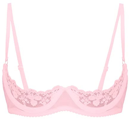 Agoky Women's Sexy 1/4 Cup Lace Bra Padded Unlined Underwire Push Up Balconette Every Day Bra Pink A S