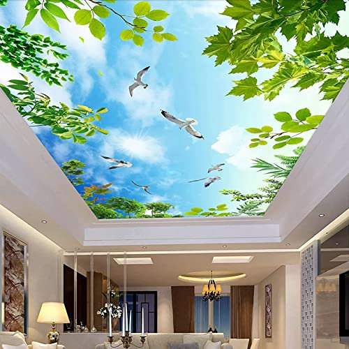 Papier Peint Auto-Adhésif 3D ciel bleu nuages blancs plafond Wallpaper Feuilles vertes Photo Mural pour Salon Chambre Restaurant Background Wall Moderne Tableaux Muraux Décoration 200 x 140 cm