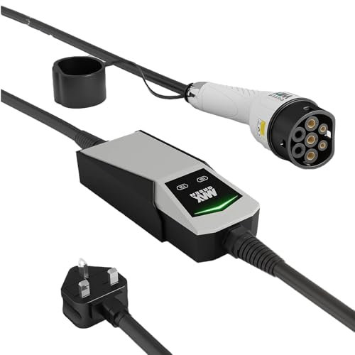 MAX GREEN PIKA Series Type 2 Portable EV Charger, 3 Pin UK Plug EV Charging Box 10A/13A Adjustable Current Electric Vehicle Charger With Carrying Bag/Dock/J-Hook | Mode 2 | 7.5M |
