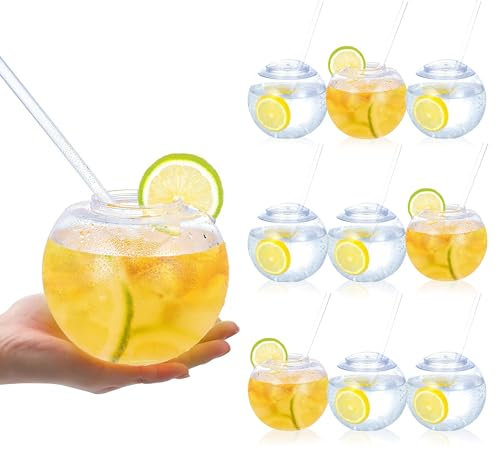 URMONA Fish Bowls Party Cups for Drinks with Lids and Straws (20 oz), Plastic Sphere Shaped Reusable Drinking Cups - Great for Kids, Parties Supplies and Outdoor Use (Set of 9)