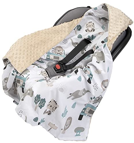 Medi Partners Einschlagdecke Baby Babyschale 100% Baumwolle für Sommer 85x85cm Kinderwagen Kuscheldecke universal Baby Decke Einschlagdecken Babydecke Buggy Autositz (Mint Zoo mit beige Minky)