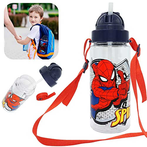 HOVUK Spiderman Bouteille d'eau de 500 ml avec paille – Bouteille d'eau pour garçons avec bouton verrouillé – Bouteilles carrées en plastique cadeau pour enfants de 3 ans et plus, bleu et rouge