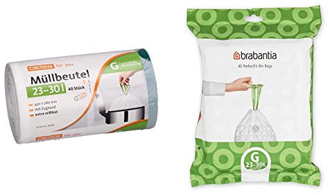 DEISS Lot de 40 sacs poubelle pour Touch Bin de Brabantia, taille G, 23 à 30 l & Brabantia Sacs Poubelle PerfectFit Blanc (Code G/23-30 Litres) Ultra Résistant, Poignées Coulissantes (40 Sacs)