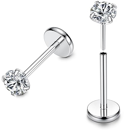 FIOROYAL 𝗚𝟮𝟯 Titan Lippenpiercing 16G 20G Nasenpiercing Gewindelose Push In Medusa Piercing 3mm CZ Opal Flat Piercing Ohr 6/8MM Helix Piercings Silber Helix Conch Labret Tragus Piercing Stecker
