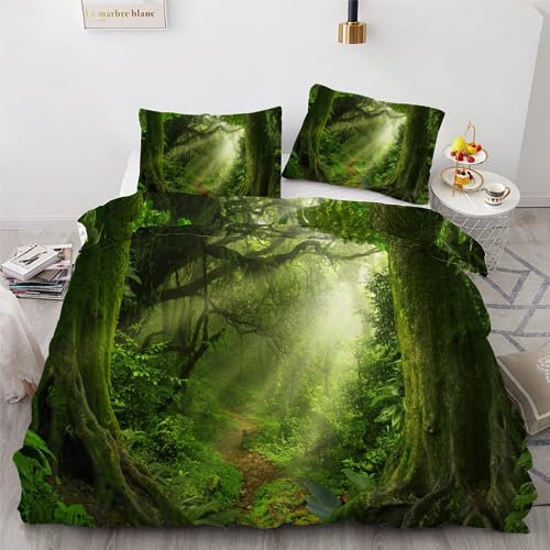 ROUSKI Bettwäsche Wald 135x200 cm 4teilig 100% Mikrofaser Kinderbettwäsche Tropisch Dschungel Wendebettwäsche mit Reißverschluss 3D Motiv Zimmer Dekor Bettwäsche-Sets mit 2 Kissenbezüge 80x80