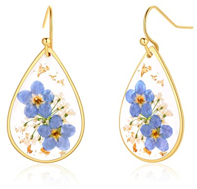 Boucles d’oreilles à fleurs sauvages pressées Myosotis et Carotte sauvage | Bijou à fleurs pressées | Boucles d’oreilles pendantes faites à la main | Fête des mères | Cadeau pour femme