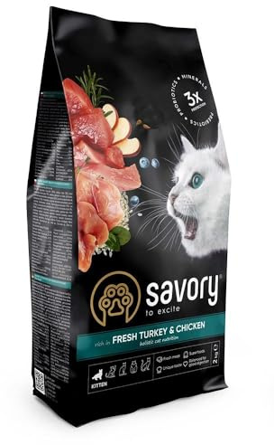 SAVORY Erwachsene Katze Gourmand Frisch - Ganzheitliche Katzenfutter Trockenfutter - Mischung aus Präbiotika, Probiotika und Mineralien - Huhn mit frischer Pute - 2 kg