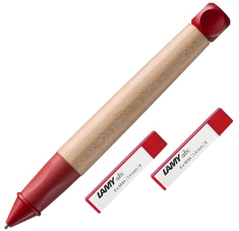 LAMY abc SET aus kindgerechtem Bleistift 110 aus Ahornholz und rutschfestem Griffstück in rot, Kappe und Würfel aus Kunststoff und 2x 6er Set bruchfeste Bleistiftminen M 44, 1.4mm B