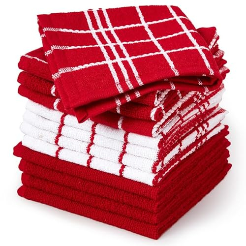 Encasa XO Juegos de paños de Cocina y paños de Cocina Terry Rojo Toallas de Felpa de algodón Altamente absorbentes | 30x30 cm | Multiusos para Lavar Platos y Limpiar Juego de 12