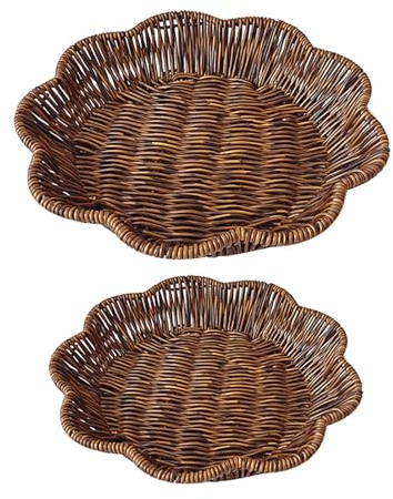 URMAGIC 2 Pack Poly Wicker Woven Bread Baskets,21-24cm Rectangular Fruit Baskets,Heart Shaped Baskets,Round Imitation Rattan Woven Serving Basket,Square Tabletop Food Serving Holders (Round)