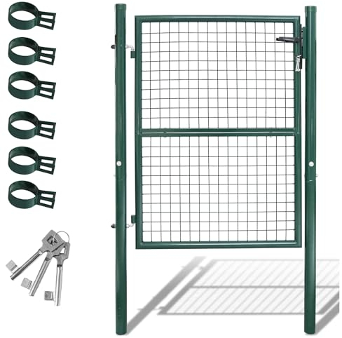 Fiqops Portail de jardin, 125 x 100 cm, vert, en acier galvanisé, avec serrure, poignée de porte et 3 clés, résistant aux intempéries, robuste et durable