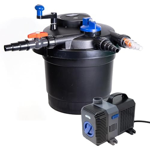 VIALIA Teich Filteranlage Set 3, Druckfilter CPF-10000 mit UVC Klärer für Teiche bis 12.000 Liter, 10.000L/h Durchfluss, energieeffiziente Pumpe CTP-3800 inkl. 10m Schlauch