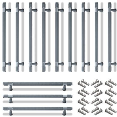 Bwintech 12 Pcs 245MM Grey Anodised Knurled Cabinet Handles,192MM Hole Centers Cupboard Knobs,Cupboard,Wardrobe,Drawer Handles