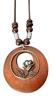 Ticome Rose Wooden Sweater Long Chain Necklace,Vintage Bohemia Ethnic Style Leather Rope Chain Pendant for Women Jewelry