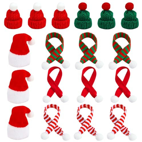 18 Stück Weihnachtsmütze und Schal Set, Mini Weihnachtsdeko für Flaschen, Puppenhaus, Wichtel - Miniatur Zubehör
