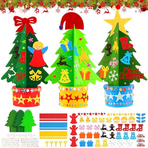 HGRGHH 3 Pcs Sapin de Noël en Feutrine, Kit de Bricolage de Sapin de Noël pour Enfants, Feutre Arbre de Noël, DIY Loisirs Créatifs Noël Cadeaux pour Enfants Décoration