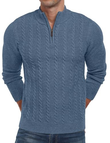 Askdeer Men's Quarter Zip Sweater Cable Knit Mock Turtleneck Sweater Long Sleeve Soft Casual Pullover Sweater, C04 Blue, XL