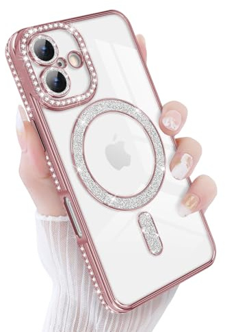Newseego für iPhone 16 Hülle Kompatibel mit MagSafe, Rosa | Glitzer, Magnetische, Bling Diamanten, Weiche TPU, Transparente Handyhülle, Stoßfest Schutzhülle, Vollständig Kameraschutz