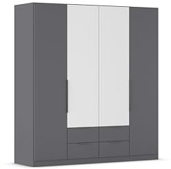 Rauch Möbel Belfast Kleiderschrank, Schrank, Garderobe, Organizer, 4-türig, 4 Schubladen für mehr Stauraum, Farbe Grau metallic/Weiß, Schwarz, Kurze Griffleisten Grau metallic, 181x197x54cm