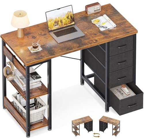Coleshome Kleiner Schreibtisch mit 4 Schubladen, 100x40cm Schreibtisch mit Stauraum, Umkehrbarer Computertisch mit Regalen PC Tisch für Büro Arbeitszimmer Schlafzimmer, Braun