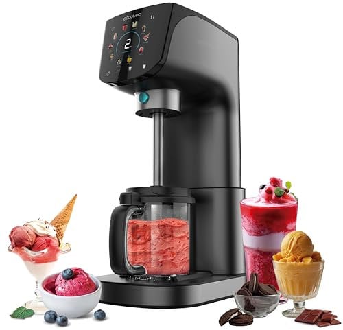 Cecotec Heladera Multifunción Capacidad 2,1L, 3 Tarrinas, Gelatec 2100. 500W, 11 Programas de Helado y Bebidas Granizadas, Tecnología CreamOn y Re-spin, Pantalla Táctil, Incluye Recetario