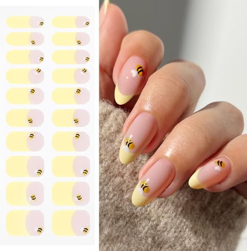 JMEOWIO Gel Nail Stickers Bee Yellow French Tip Semi Cured Gel Nail Strips Wraps UV/LED Nails Art Design Decoration Accessories