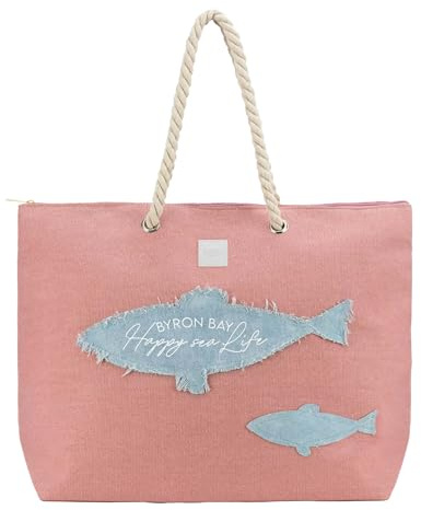 Emanuela Biffoli Borsa Mare in Canvas con Applicazioni a Forma di Pesci - Manici in Corda Nautica, Chiusura con Zip, Tasca Interna - Stile Estivo Capiente e Decorato - 50x41x20 cm