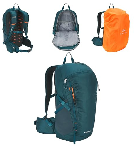 KADVA Fleiro 30 l Rucksack - Wanderrucksack mit Gepäckträger, Regenhülle, Kompression, Taschen, Hüftgurt, Organizer, Trekking und Berge. (Türkis)