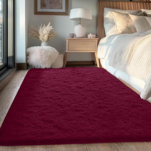 FVVRAX Hochflor Teppich Schlafzimmer 90x150 cm, Weinrot Weicher Flauschiger Teppiche für Wohnzimmer, Indoor-Boden Kuscheliger Teppich für Kinder Home Decor Ästhetik
