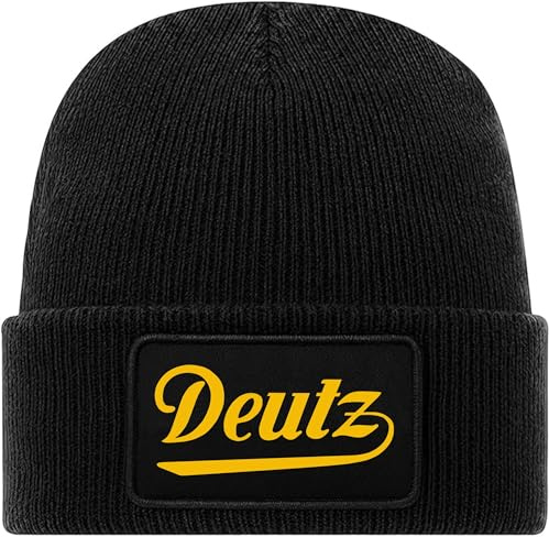 Bimaxx Beanie Deutz Standmotor Oldtimer Rollmütze Strickmütze | Mütze Schwarz | Druckmotiv in gelb auf abnehmbaren Baumwoll-Twill-Aufnäher mit Klettverschluss