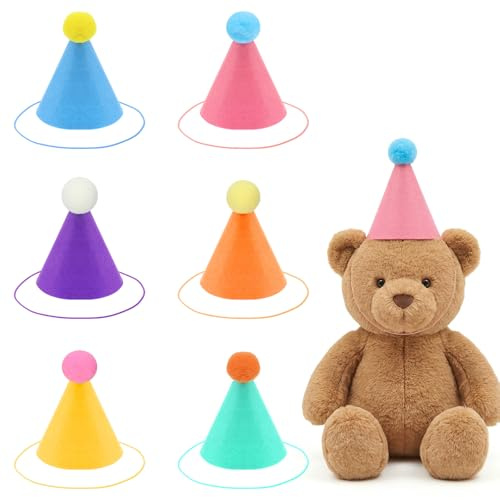 6 Stück Mini Partyhüte für Haustier Rosa Filz-Geburtstagshüte mit Bommeln | Mini-Kegelhüte für Kuscheltiere Puppen Katzen Niedliche Karneval Tierparty Dekoration