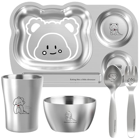 Greentainer Juego de vajilla de dibujos animados para niños, platos de acero inoxidable para niños, plato de comida, tazón, taza, cuchara, tenedor, apto para lavavajillas, vajilla saludable, sin BPA