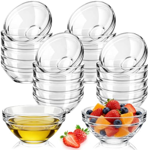 Xygobla 20-Pack Mini Glass Bowls, 75ml/2.5oz Clear Dip Sauce Dishes, Serving Bowls, 3 Round Condiment Pots for Cooking Prep & Jam - Dishwasher Safe