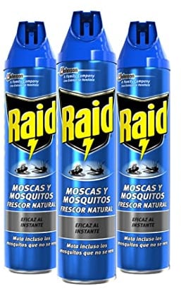 Raid ® Spray Insecticida - Aerosol para moscas y mosquitos, Frescor Natural. Eficacia inmediata. Pack de 3 Unidades, 600ml