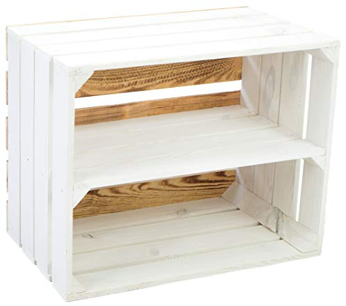 Kistenkolli Altes Land weiße Holzkiste Paula Bücherregal - Schuhregalkiste mit Zwischenbrett/Mittelbrett Einlage ca 50x40x30cm / Apfelkisten Weinkisten