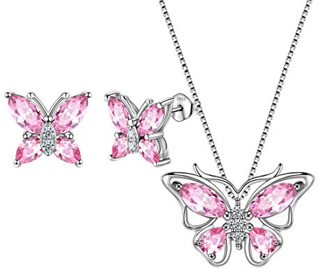 Aurora Tears Schmetterling Halskette/Ohrringe Set 925 Sterling Silber Oktober Birthstone Pink Opal Schmuck Set Tiere Schmuck Geschenk für Frauen und Mädchen DS0045O