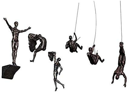 Haute Collage 6 x große Antik-Silber-Hängeornamente zum Klettern, Abseilen, 6 Stück, Kletterfiguren, Wandkunst, Kunstharz und Metall, Bungee-Springdraht befestigt