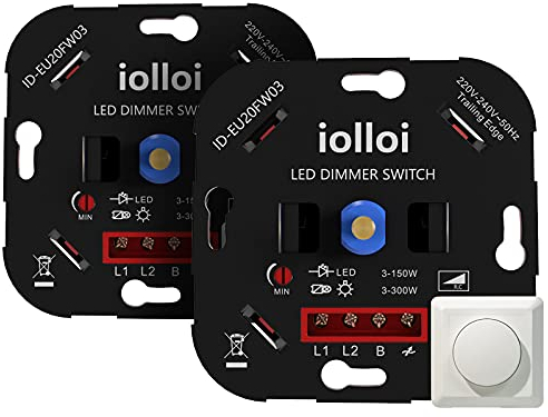 iolloi LED Dimmer Schalter, Drehdimmer Unterputz Dimmschalter für Dimmbare LEDs 3–150W / Halogen 3–300W, Dimmer für LED Lampen, LED Dimmer 230V (2er-Pack)
