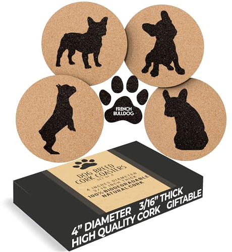 Greenline Goods Untersetzer aus Kork mit französischer Bulldogge, 4 Stück, Hundeuntersetzer mit schützendem Boden, dekorative Untersetzer für Getränke, Frenchie-Geschenkidee für Mütter und Väter