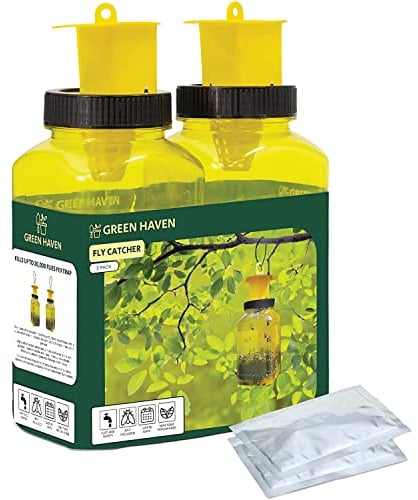 Green Haven Outdoor Fly Trap 2 Pack - Reusable Fly Trap with Natural Bait, Non-Toxic & Kid-Safe, Covers Up to 10m, Lasts 2-3 Weeks, Ideal for Gardens, Patios & Bin Areas