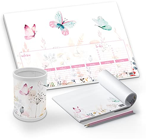 itenga Schreibtisch-Set Schmetterling 3-teilig Schreibtischunterlage Papier DIN A3 Stifteköcher Notizblock für Kinder Schüler Erwachsene Mädchen Frauen
