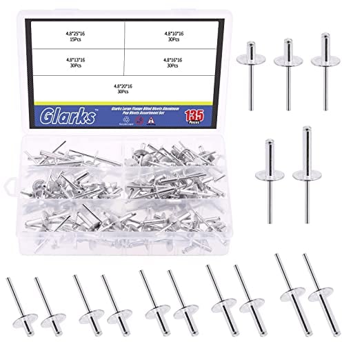 GLARKS G-1978 135Pcs 3/16 inch x 3/8 inch / 1/2 inch / 5/8 inch / 3/4 inch / 1 inch Large Flange Blind Rivets 5 Szie Aluminum Pop Rivets Assortment Set