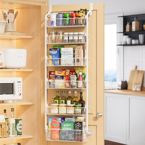 Delamu Tür Organizer, Vorratsschrank-Organizer & Gewürzregal Hängend, 6-Stöckiges Türregal Für Die Speisekammer, Platzsparendes Hängeregal Küche, Einfache Montage, H 136,4 × B 44,5 × T 17 cm, Weiß