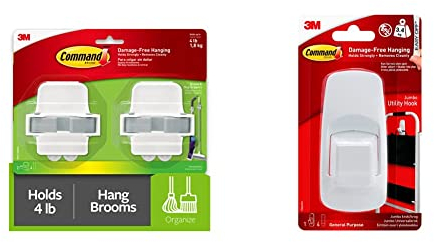 Command Broom and Mop Grippers Wall Hook, Damage Free Hanging Wall Mount Broom and Mop Holder & Jumbo Utility Hook, Pack of 1 Hook and 4 Adhesive Strips, White - Holds up to 3.4kg