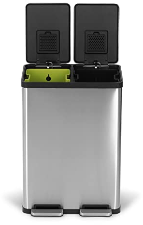 Simpli-Magic 60 Liter / 16 Gallon Rectangular Hands-Free Dual Compartment Recycling Kitchen Step Trash Can with Soft-Close Lid, Brushed Stainless Steel