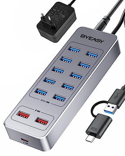 BYEASY USB C Hub Aktiv 3.0 mit Netzteil, 13 in 1 Powered USB Hub mit 10*USB 3.0 Ports, 2*USB A Lade Ports und 1*USB C Lade Port, USB C Ladegerät mit 12V3A Adapter für Laptop, Tablet, USB Flash Drives