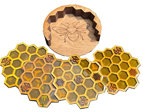 Dessous de Verre en Acrylique avec Support, Lot de 4 Sous-verres en Nid D'abeille en Bois pour Boissons, Sous-verres pour Table Basse Protection de Table ou Bureau Bar Fête Maison Cuisine(4 PIÈCES)